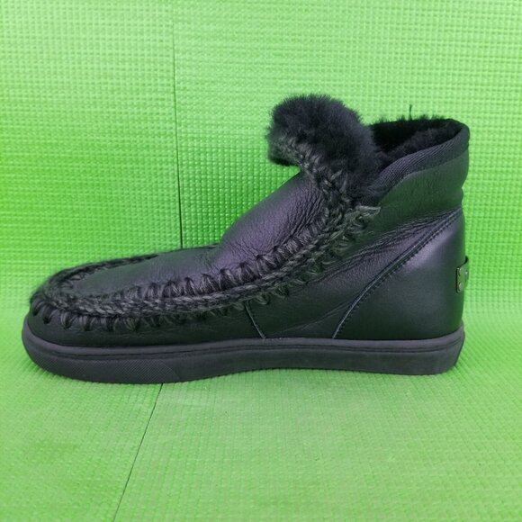 ✅MOU ESKIMO Sneakers Mens 8 BLACK Hand-crafted Genuine Sheepskin Pull On Boot - Picture 10 of 12